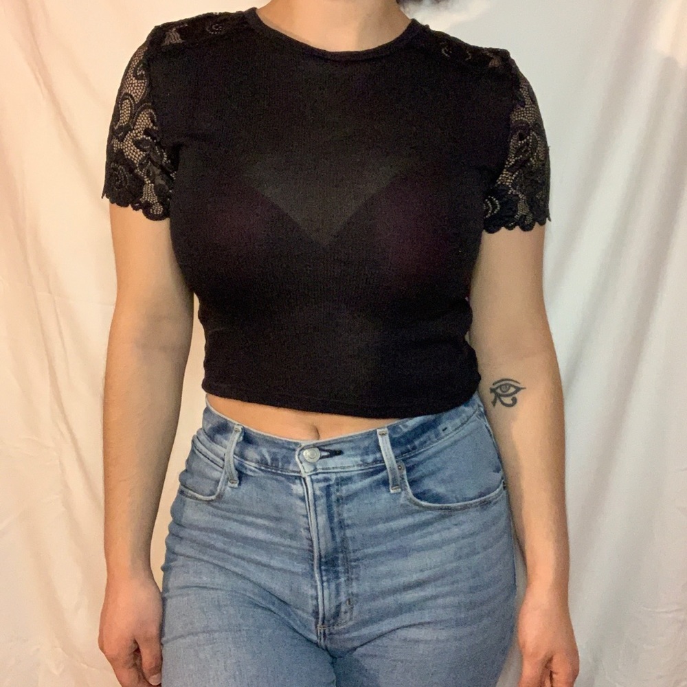 Black Cropped Top with Lace Sleeves